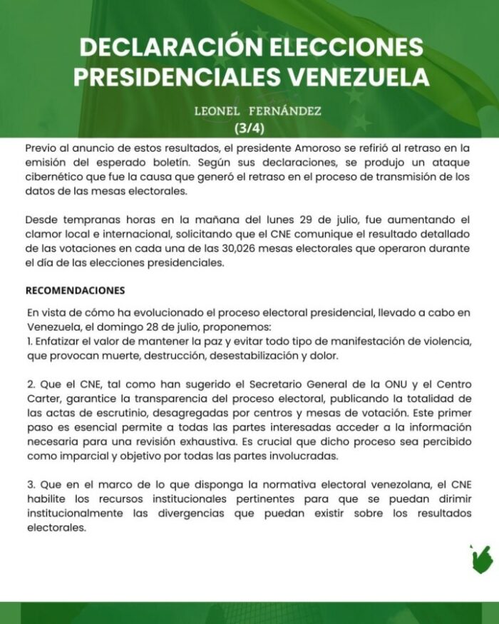 Comunicado de los expresidentes, Leonel Fernández y Ernesto Samper sobre observación de elecciones en Venezuela.