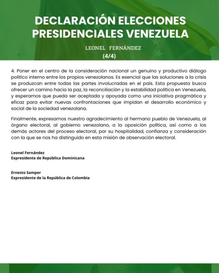 Comunicado de los expresidentes, Leonel Fernández y Ernesto Samper sobre observación de elecciones en Venezuela.