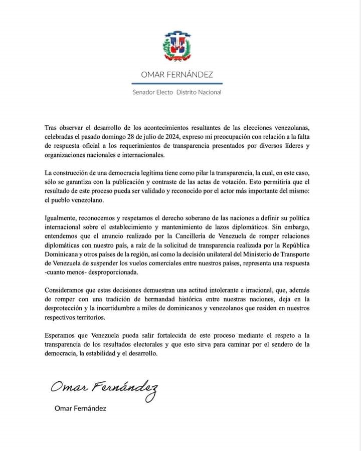 Documento íntegro del senador electo del Distrito Nacional, Omar Fernández, sobre resultados de elecciones presidenciales en Venezuela. 