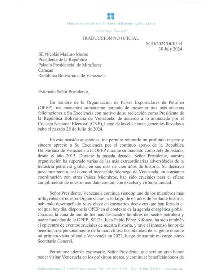 Comunicado íntegro de la OPEP reconociendo el triunfo de Nicolás Maduro en las elecciones presidenciales del pasado domingo 28 de julio. 