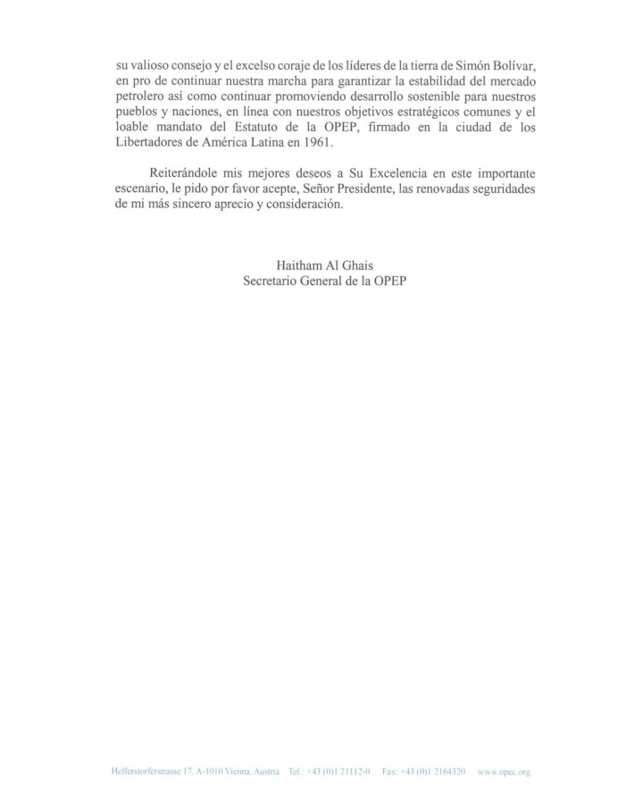 Comunicado íntegro de la OPEP reconociendo el triunfo de Nicolás Maduro en las elecciones presidenciales del pasado domingo 28 de julio.