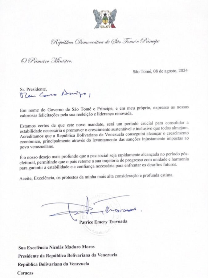 Carta de Patrice Emery Trovoada, primer ministro de la República Democrática de Santo Tomé y Príncipe en apoyo a gestión de gobierno de Nicolás Maduro en Venezuela. 