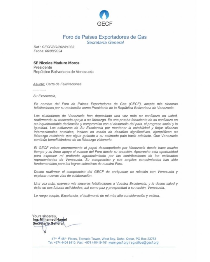 Carta de felicitación del secretario general del Foro de Países Exportadores de Gas, (GECF), Mohamed Hamel dirigida al presidente de Venezuela, Nicolás Maduro. 