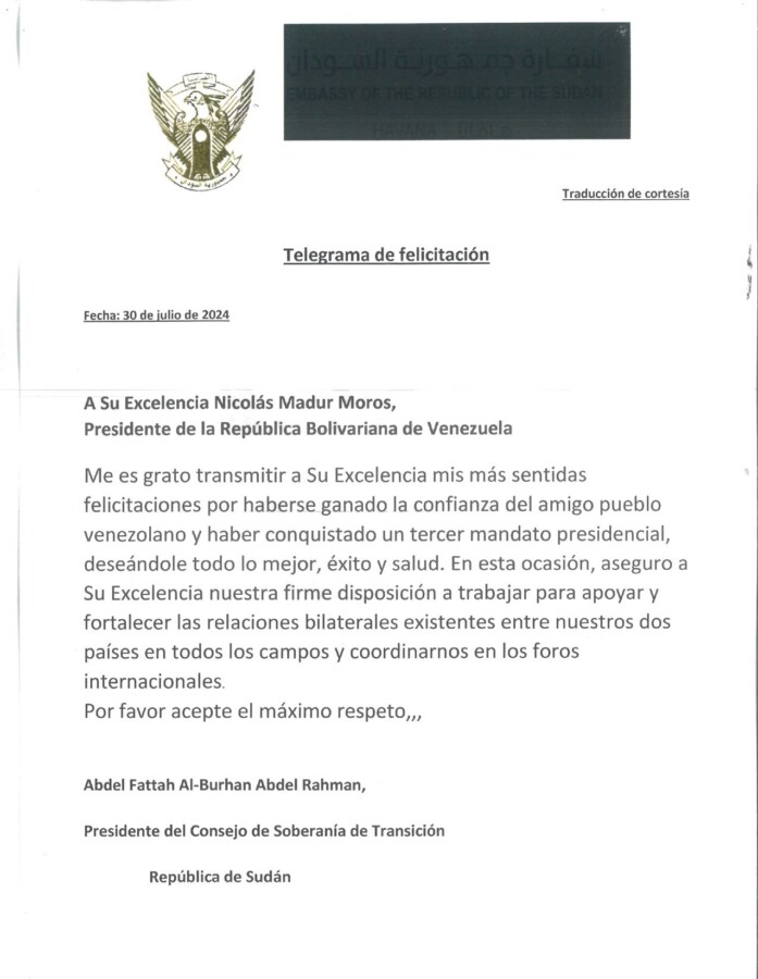 Carta del presidente de Sudán, Abdel Fattah Al-Burhan reconociendo el triunfo de Nicolás Maduro en las elecciones del 28 de julio. 