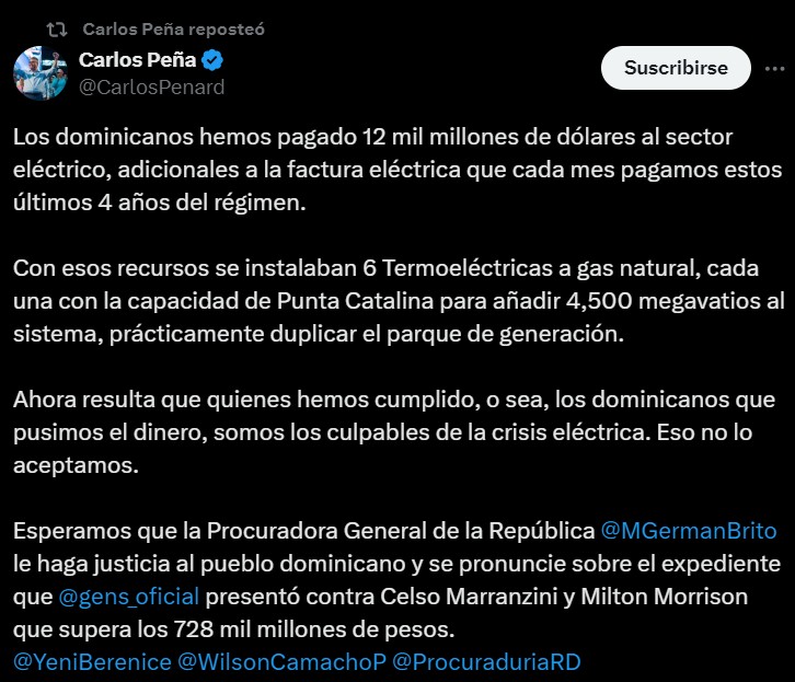 Mensaje escrito por Carlos Peña en su cuenta de X sobre construcción de seis termoléctricas con 12 mil millones de dólares del subsidio al sector eléctrico en cuatro años. 