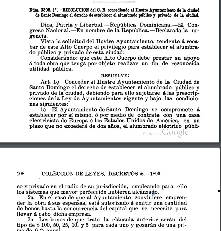 Resolución del presidente Ulises Heureaux que ordena alumbrado eléctrico de la ciudad de Santo Domingo.