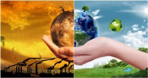 Contraste entre vida y destrucción: la naturaleza vibrante frente al impacto devastador de la contaminación ambiental.