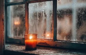 Una vela encendida ilumina el interior de una vivienda mientras la lluvia cae intensamente afuera.
